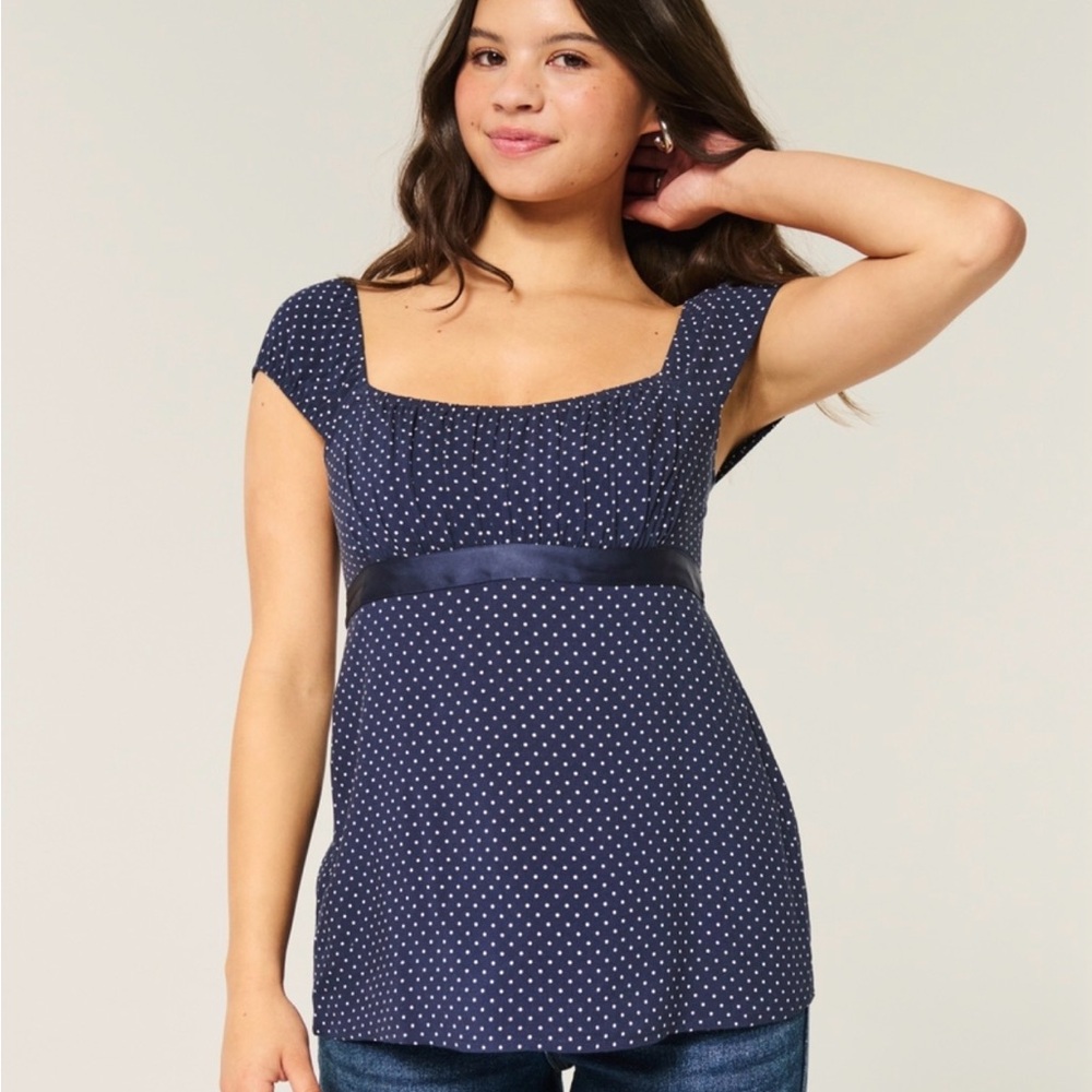 Hollister Satin Babydoll Top in Navy Blue Dot
